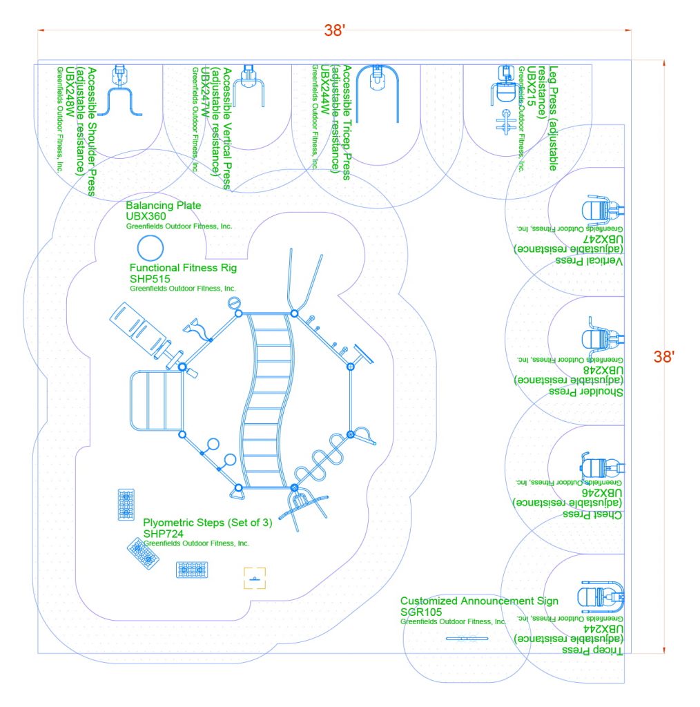2D Top view diagram of the equipment in Fitness Square Package with ADA clearances
